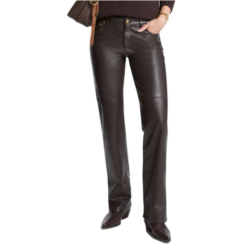 NWT MICHAEL MICHAEL KORS Straight-Leg Lamb Leather Pants Chocolate Brown Size 2 - Picture 2 of 16